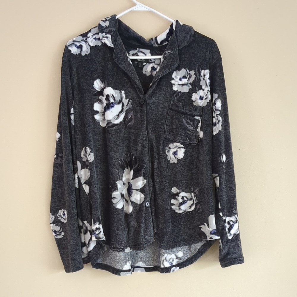 XL Simply Vera Vera Wang Floral Button Front Gray PJ Top Pajama Sleep Shirt Soft